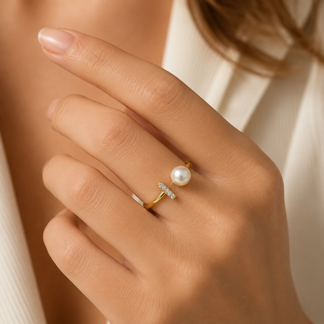 White Pearl Ring T-shaped Zircon