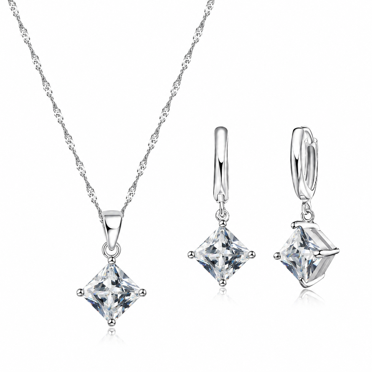 Square 925 Sterling Silver Pendant & Earrings Set