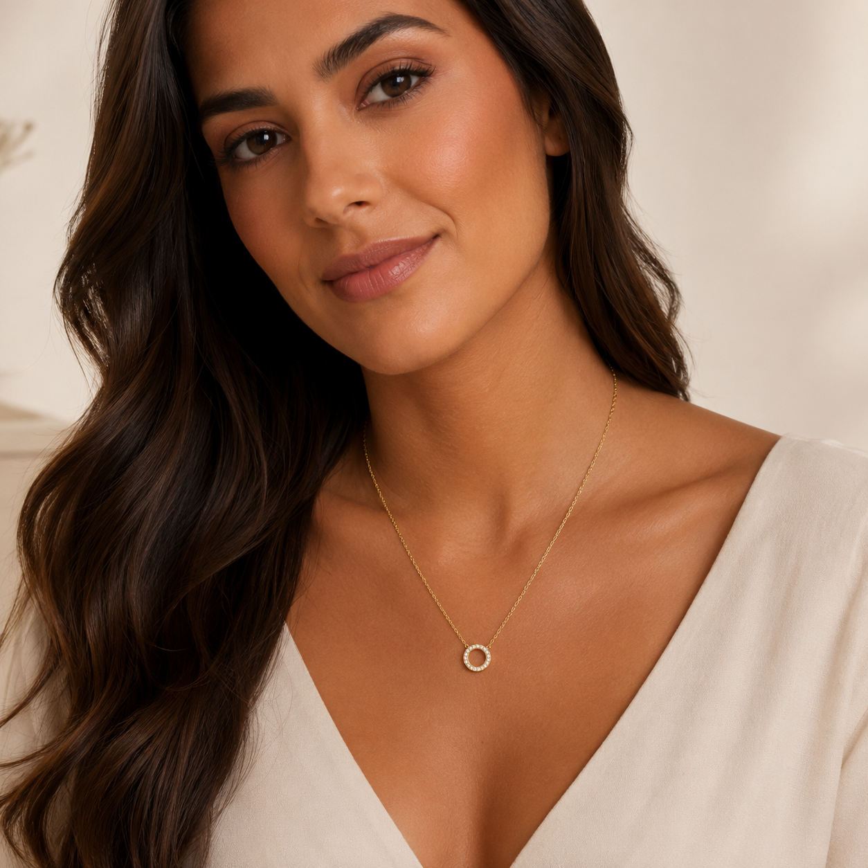 Circle Shaped Pendant Necklace with Cubic Zircon