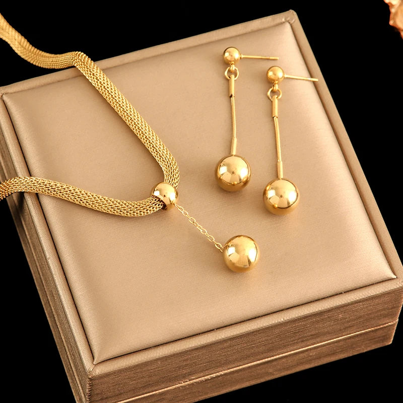 Plated Bead Pendant Necklace Earrings Jewelry Set