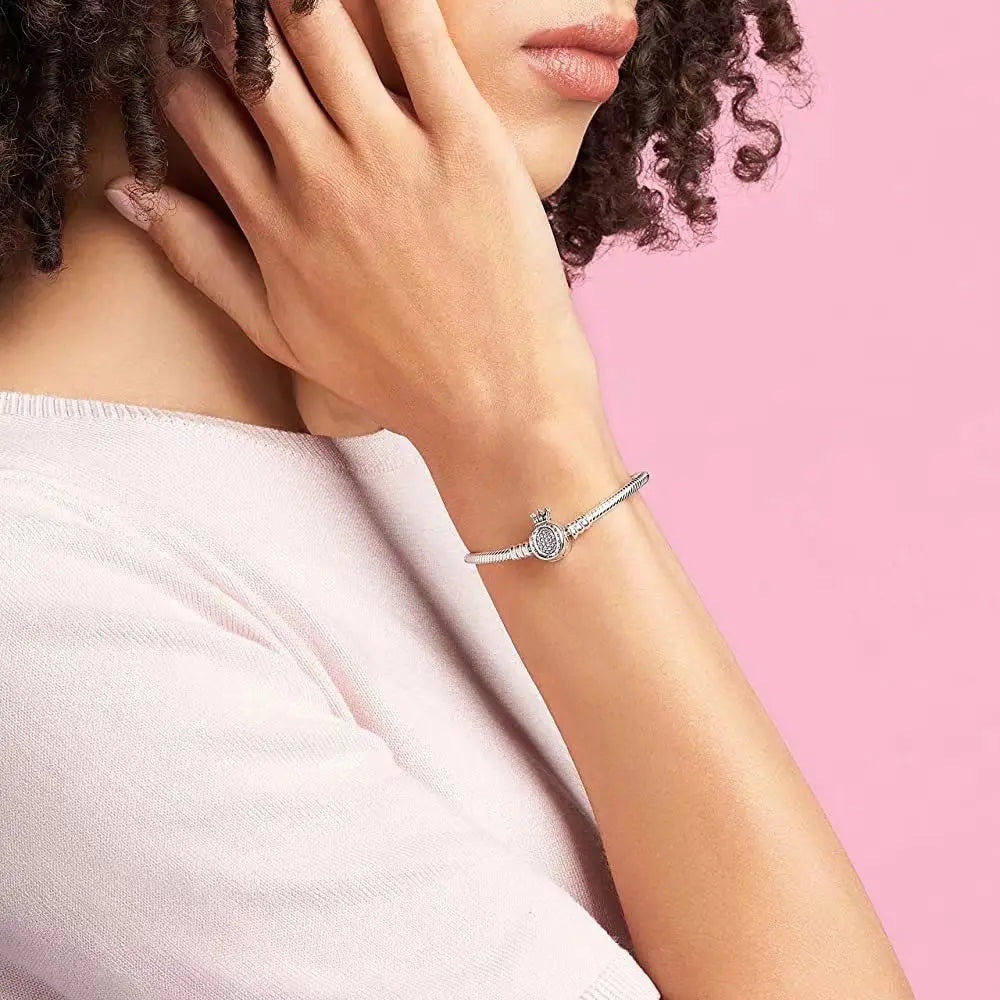 100% S925 sterling silver heart-shaped crown snake bone bracelet, suitable for original DlY bracelet, women's fashion jewelry