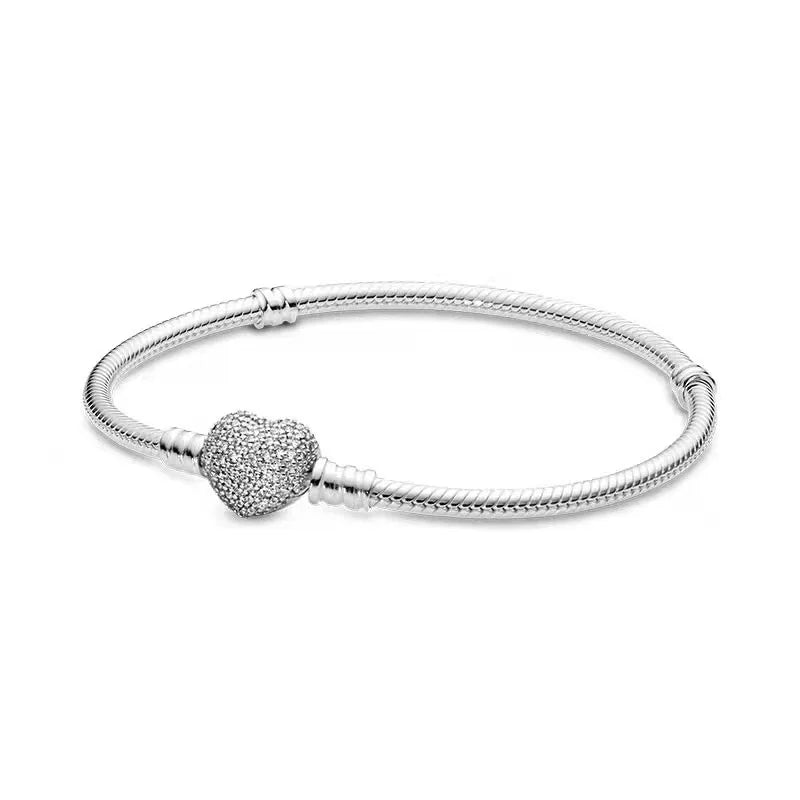 100% S925 sterling silver heart-shaped crown snake bone bracelet, suitable for original DlY bracelet, women's fashion jewelry