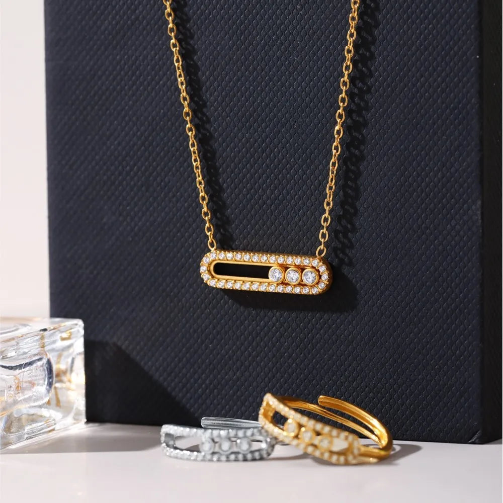 Tiny Chain Necklace for Women 18k Gold Plated Stainless Steel Necklace Dainty Zircon Pendant Necklaces Matching Ring Jewelry Set