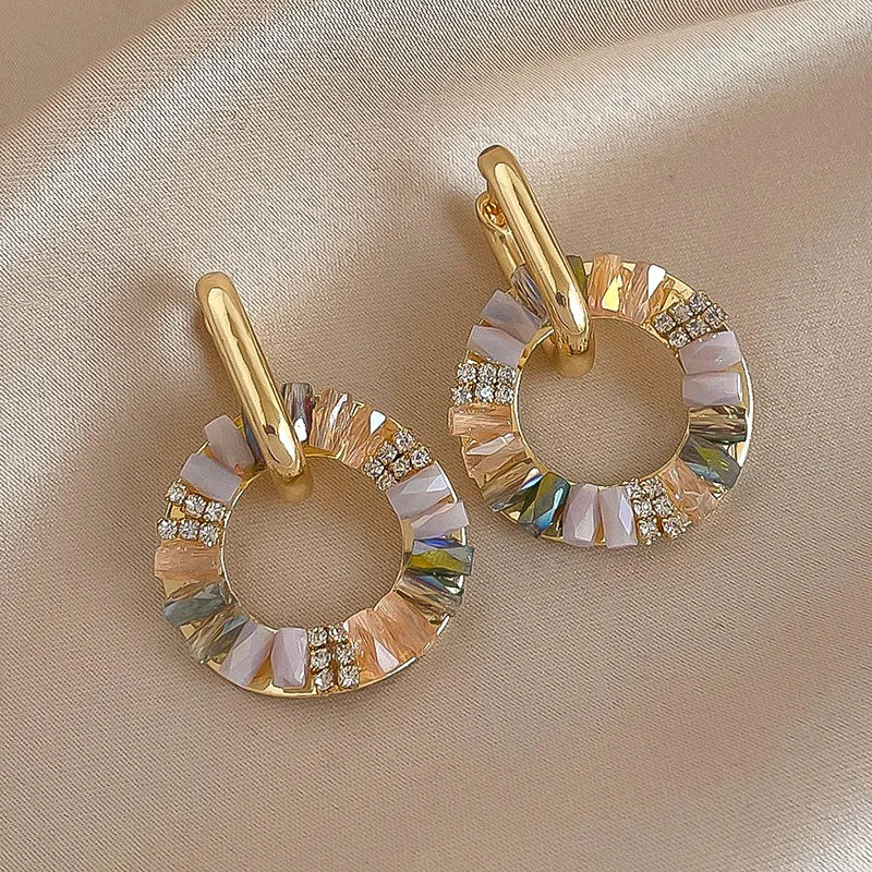 2 Style Elegant Rhinestone Zircon Drop Earrings Golden Circle Dangle Earrings for Women Simple Fashion Round Earring Jewelry F