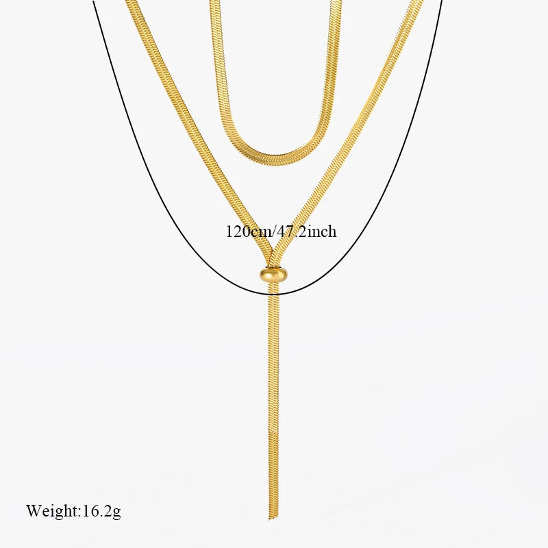EILIECK 316L Stainless Steel Drawstring Tassel Long Necklace For Women Girl Fashion Gold Color Flat Snake Chain Jewelry Gift