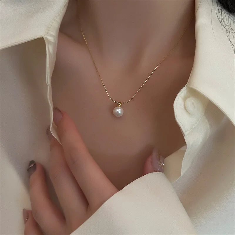 Imitation Pearl Pendant Necklace Women Minimalist Stainless Steel Gold Color Chain Choker Fashion Wedding Jewelry Gift
