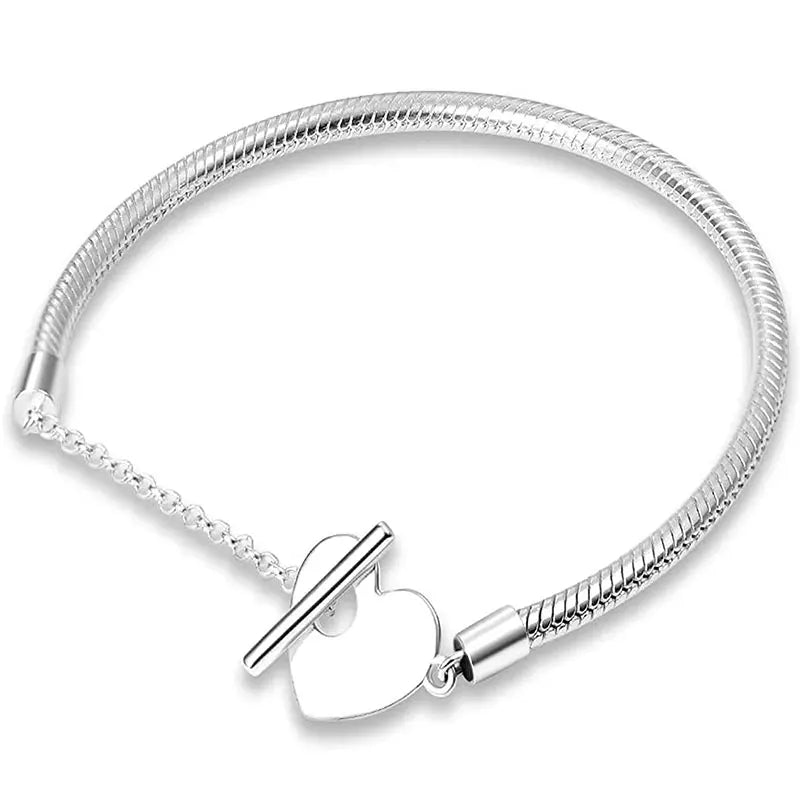 100% S925 sterling silver heart-shaped crown snake bone bracelet, suitable for original DlY bracelet, women's fashion jewelry