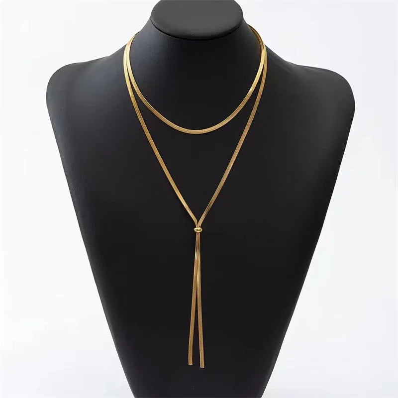 EILIECK 316L Stainless Steel Drawstring Tassel Long Necklace For Women Girl Fashion Gold Color Flat Snake Chain Jewelry Gift