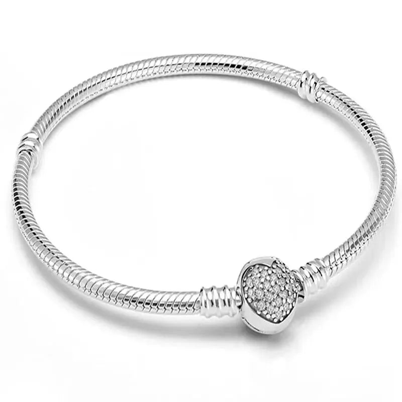 100% S925 sterling silver heart-shaped crown snake bone bracelet, suitable for original DlY bracelet, women's fashion jewelry