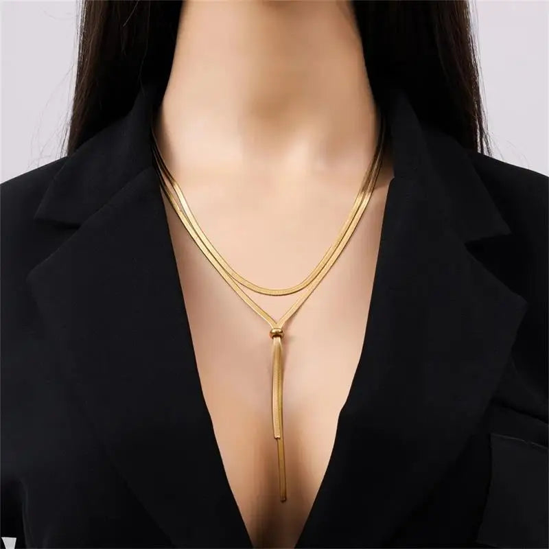 EILIECK 316L Stainless Steel Drawstring Tassel Long Necklace For Women Girl Fashion Gold Color Flat Snake Chain Jewelry Gift