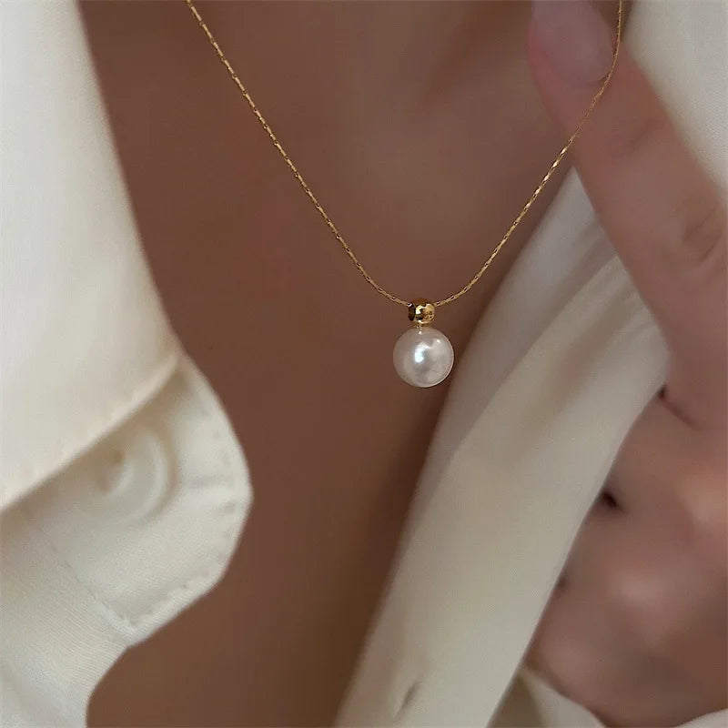 Imitation Pearl Pendant Necklace Women Minimalist Stainless Steel Gold Color Chain Choker Fashion Wedding Jewelry Gift