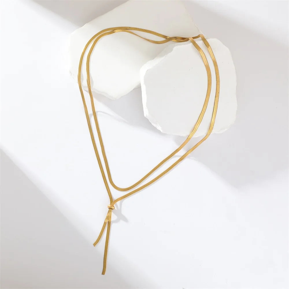 EILIECK 316L Stainless Steel Drawstring Tassel Long Necklace For Women Girl Fashion Gold Color Flat Snake Chain Jewelry Gift