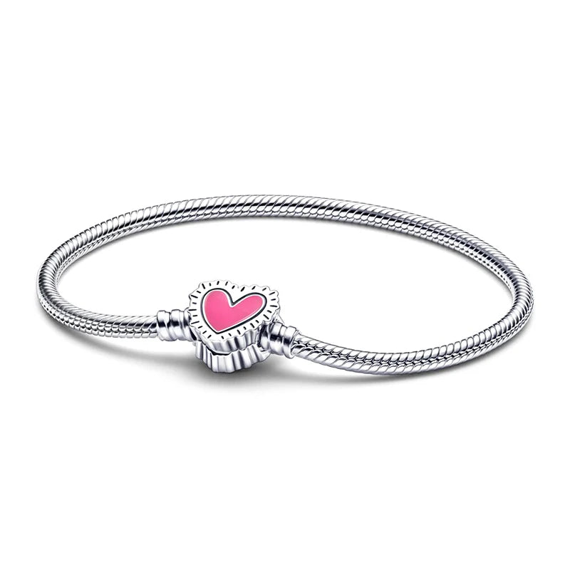 100% S925 sterling silver heart-shaped crown snake bone bracelet, suitable for original DlY bracelet, women's fashion jewelry