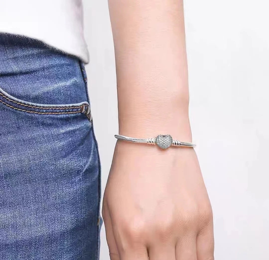 100% S925 sterling silver heart-shaped crown snake bone bracelet, suitable for original DlY bracelet, women's fashion jewelry