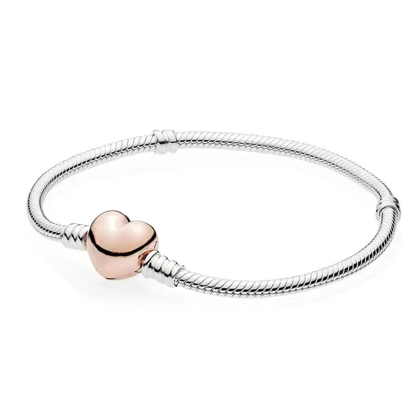 100% S925 sterling silver heart-shaped crown snake bone bracelet, suitable for original DlY bracelet, women's fashion jewelry