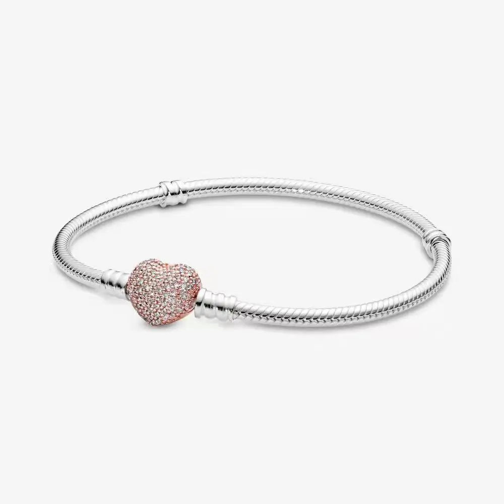 100% S925 sterling silver heart-shaped crown snake bone bracelet, suitable for original DlY bracelet, women's fashion jewelry