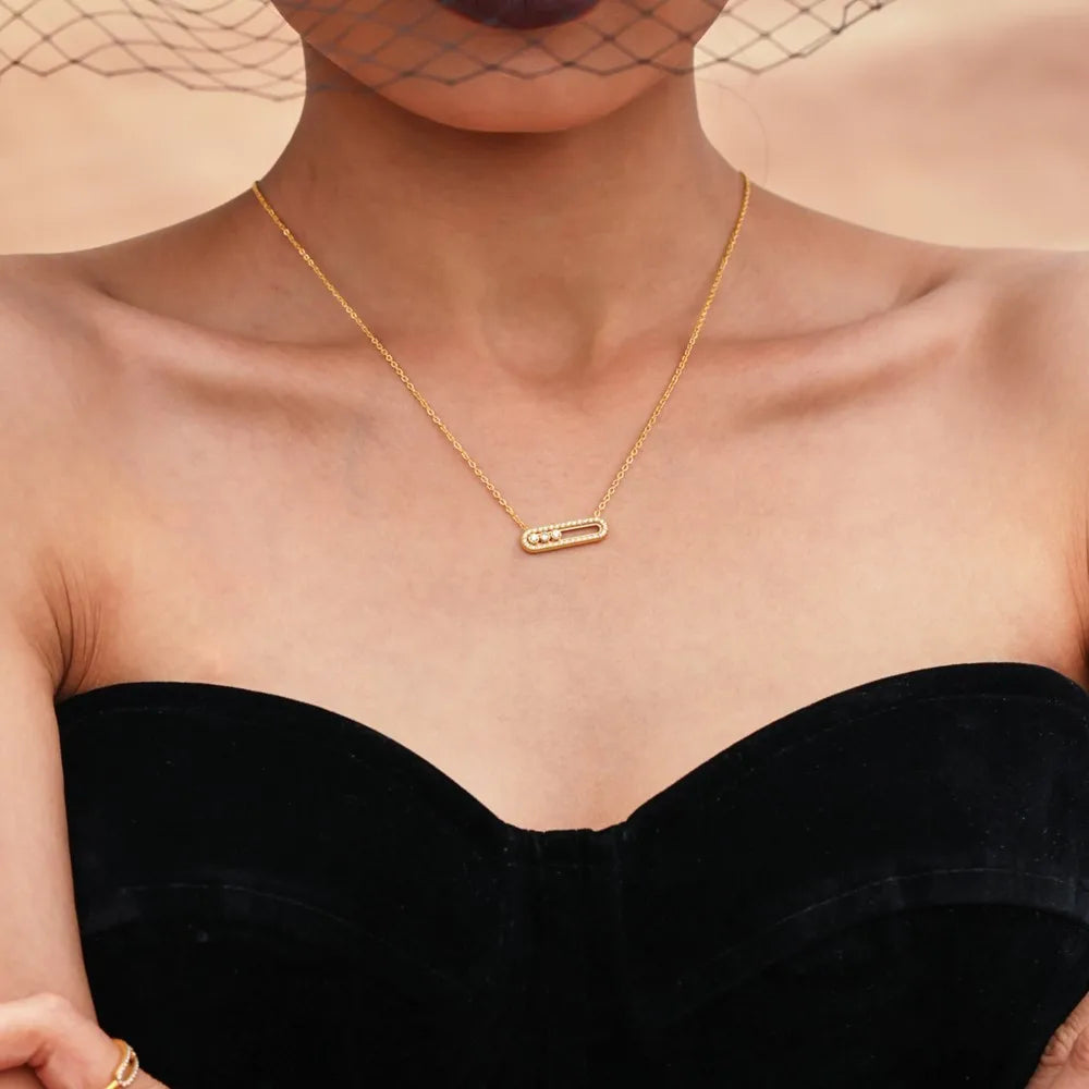Tiny Chain Necklace for Women 18k Gold Plated Stainless Steel Necklace Dainty Zircon Pendant Necklaces Matching Ring Jewelry Set
